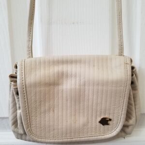 Vintage 70s Cream Italian Ribbed Leather Mini Crossbody Bag w Jungle Cat Accent